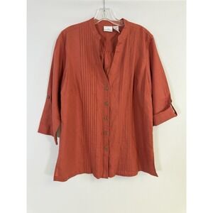 Jaclyn Smith Womens L Linen Blend Button Up Shirt Rust Brown Roll Tab Sleeves